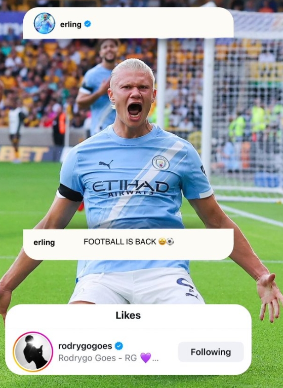 世俱杯买球APP-哈兰德更新社媒庆祝英超开门红，罗德里戈点赞