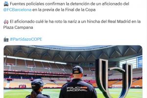 世俱杯竞猜APP-当地警方证实：国王杯决赛前夕，一巴萨球迷打断皇马球迷鼻子被捕